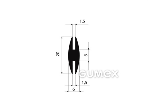 Gumový profil tvaru "H", 20x6/1,5/1,5mm, 70°ShA, EPDM, -40°C/+70°C, čierny